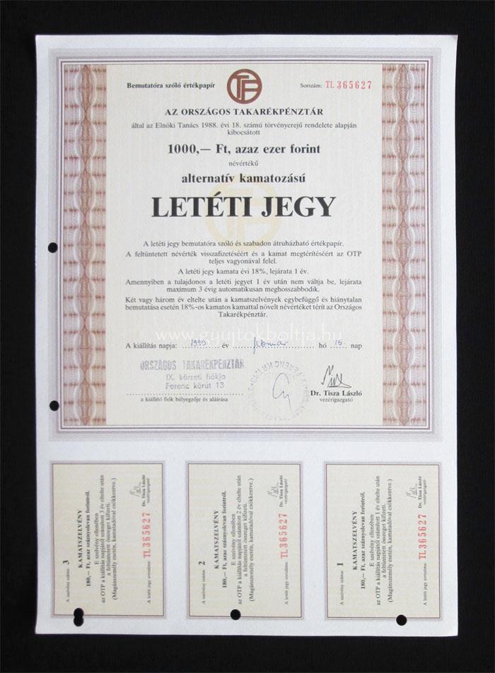 Országos Takarékpénztár (OTP) letéti jegy 1000 forint 1989